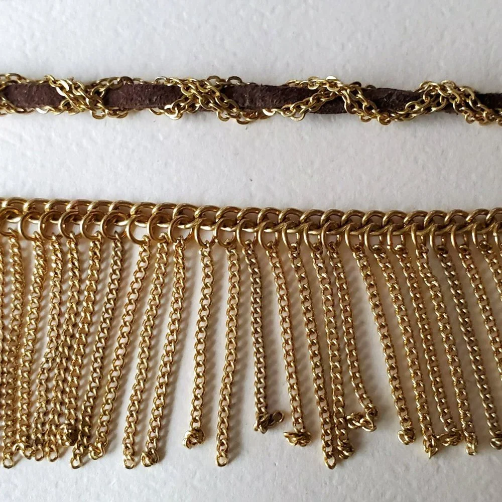 NWT Nordstrom Tribal Boho Festival Gold Chain Leather Choker Fringe Necklace